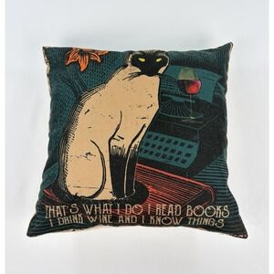 That's What I Do I Read Books I Drink Wine" Siamese Cat Throw Pillow Retro Style